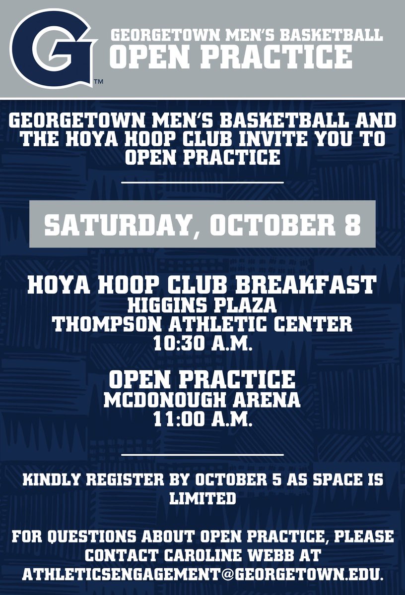 Last Chance to register for Saturday’s Open Practice! Become a member of the Hoya Hoop Club by making a $25 donation to Men’s Basketball and receive your exclusive invite to this event. Registration closes at noon on Thursday, October 6th. Link: g.town/3ElEctt