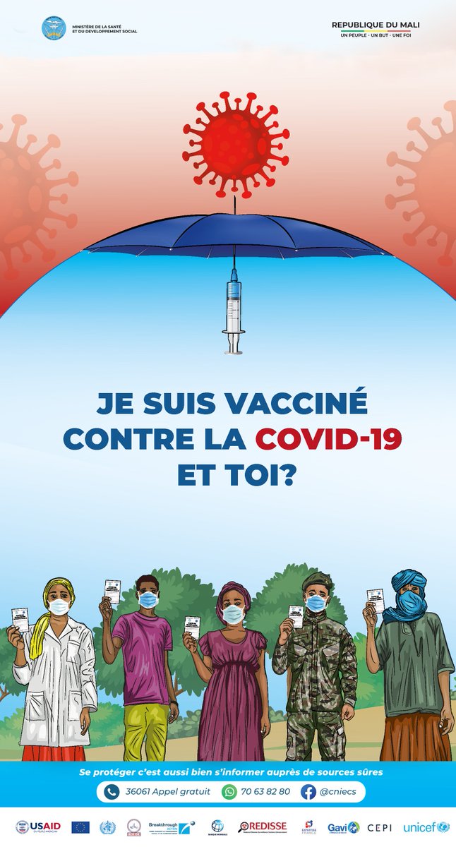 cniecs's tweet photo. #StopCovid19 au #Mali, #Jesuisvacciné et toi !Les vaccins contre la #Covid19 sont sûrs et efficaces et sont testés et validés par l’#OMS. Les vaccins contre la #COVID19 sont disponibles au Mali au niveau des #CSCOM ou #CSREF. 
#EngagementCommunautaire #StopCovid19 #NonALaCOVID19 https://t.co/iQjj3p58So