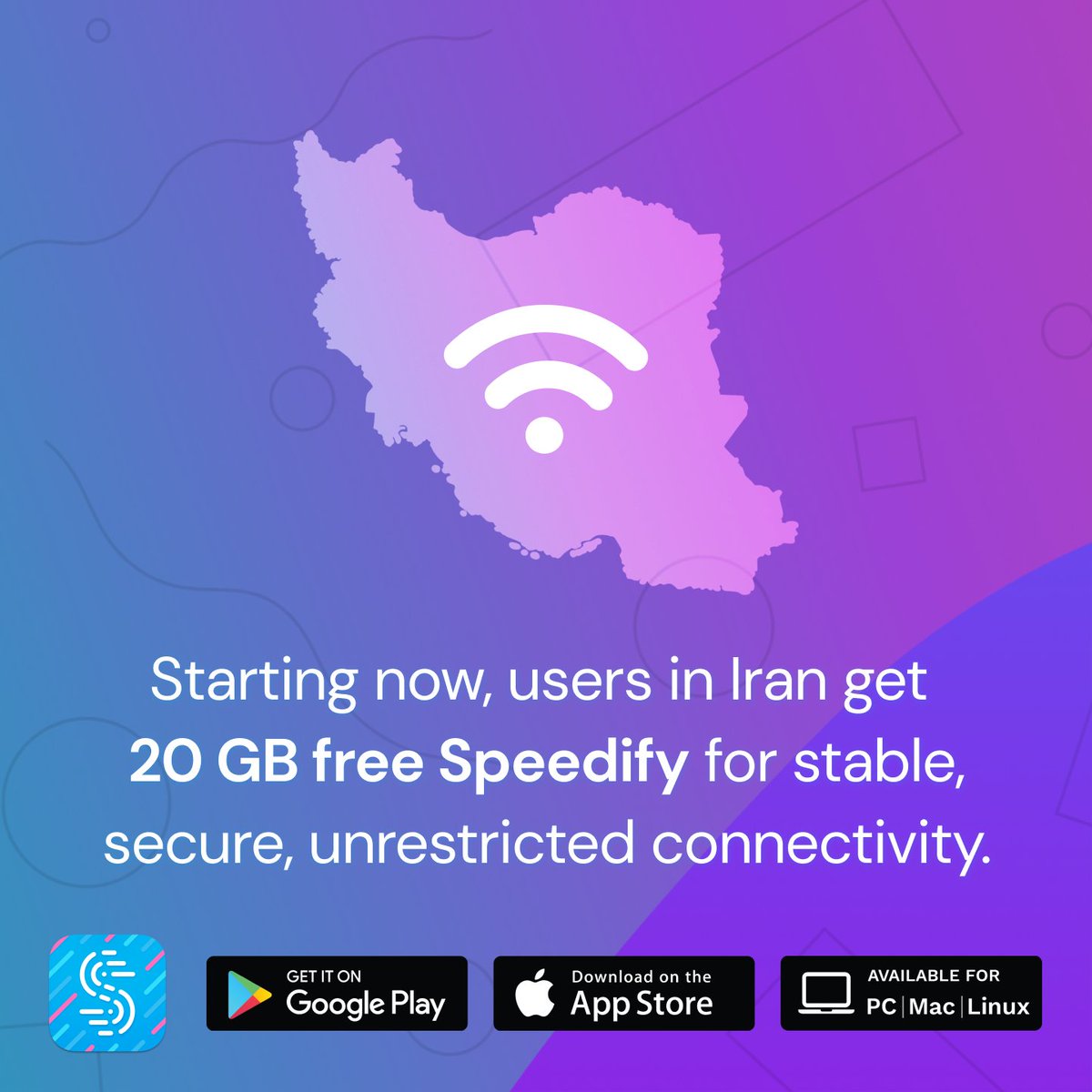 speedify's tweet image. In the last few weeks, we have received an outpouring of requests from our users in Iran to help with their internet connectivity issues. Starting today, Iranian Speedify users will have access to 20GB of free data for two months.
Read more here: speedify.com/blog/news/help…