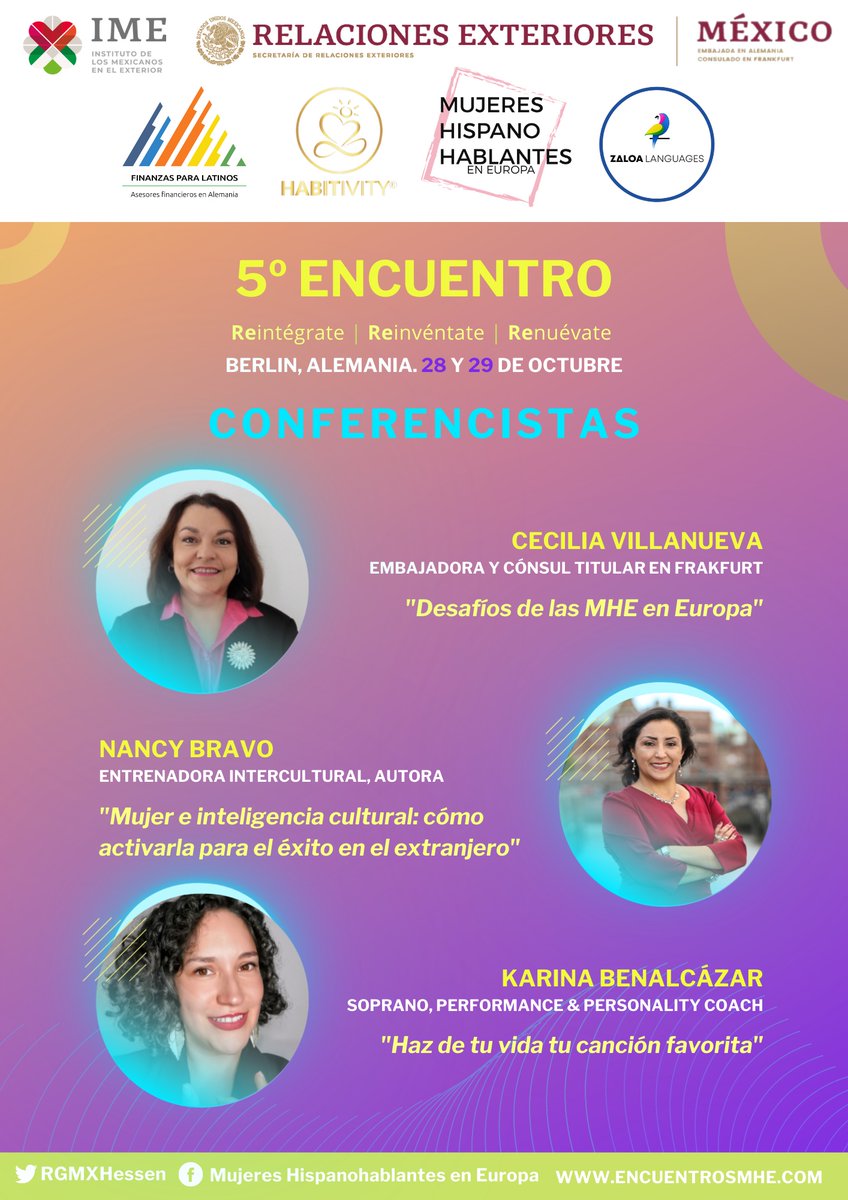 Un placer dar una conferencia magistral 
Gracias a "Encuentros de Mujeres Hispanohablantes en Europa" y al equipo organizador por la invitación.
Nos vemos en la <a href="/embamexale/">EmbaMex Alemania</a> Embajada de México en Alemania que será la sede. Allá nos vemos.
encuentrosmhe.com