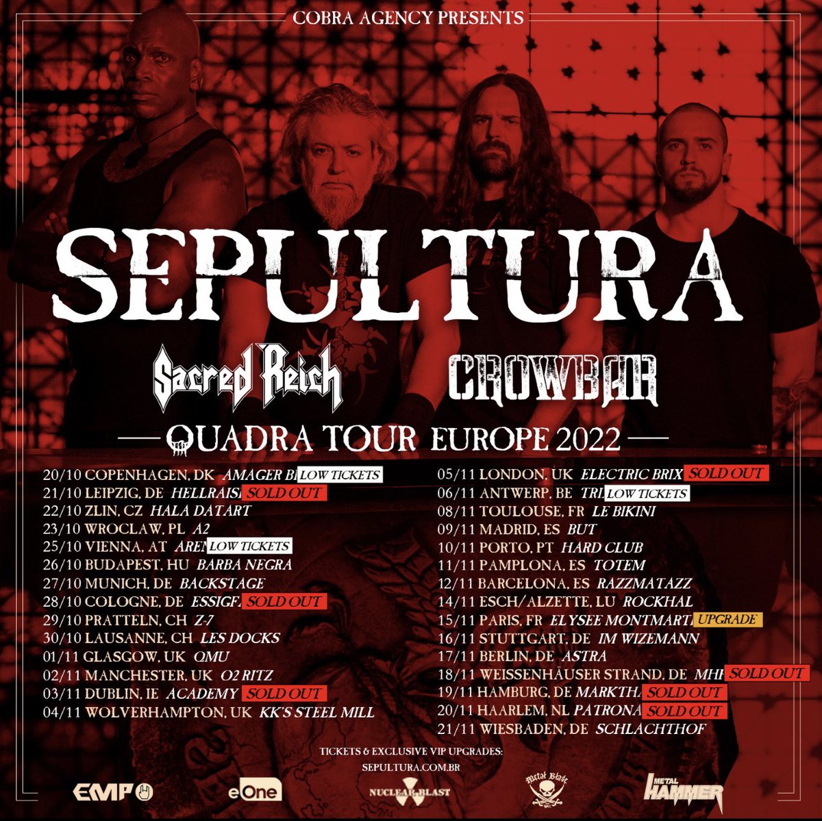 London is SOLD OUT. Paris has been upgraded to Elysee Montmatre. Low tickets in Copenhagen, Vienna and Antwerp. Our tour with @sepulturacombr and @crowbarrules is going to be killer. Don’t miss out!