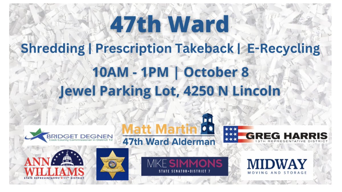 reducewastechi's tweet photo. Don't miss this event! This Saturday, October 8th from 10am-1pm, 4250 N. Lincoln Ave. #papershredding #electronicrecycling #prescriptiondrugtakeback https://t.co/v6SQtMuHbr