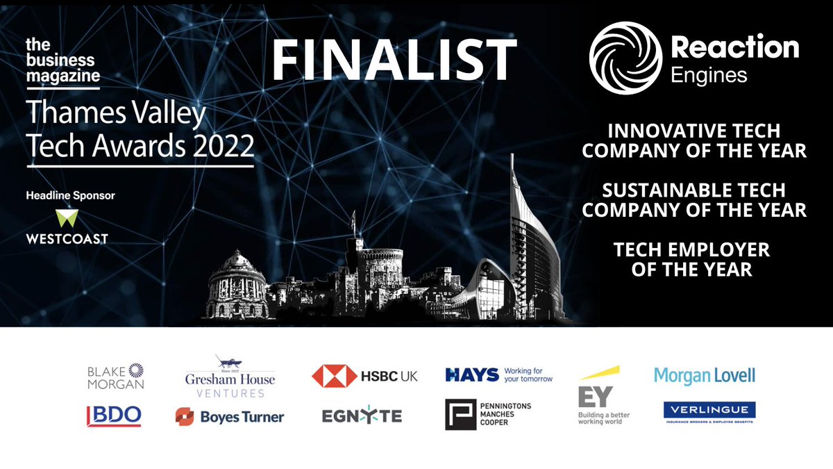 ReactionEngines's tweet image. We are thrilled to have been shortlisted for not one, not two, but three Thames Valley Tech Awards! Thank you to @TheBusinessMag for this amazing recognition. Fingers crossed for October 20th. #Innovation #Sustainability #MakingBeyondPossible