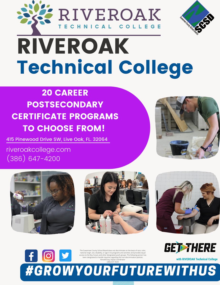 RIVEROAK is accepting applications for the upcoming spring semester!

Get your applications turned in today and #GrowYourFutureWithUs 

#GetThereFL 
#CTEWorks 
#FlTechColleges  
#FloridaTechnicalColleges  
#EarnaCareerinaYearFL