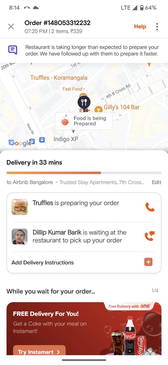 ZohebShariffi's tweet photo. Order placed at 7:25 PM and it still shows another 33 minutes for it to deliver. Been almost an hour and you're expected to wait longer? I don't see this as good service at all @Swiggy @WeAreSwiggy https://t.co/hc2jdhaL0q