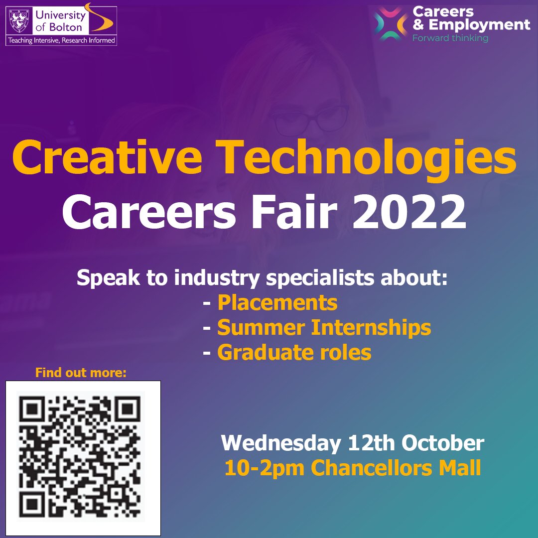 looking for placements, summer internships or graduate roles? Come to the creative technology careers fair Wednesday 12th October 10-2pm in chancellors mall