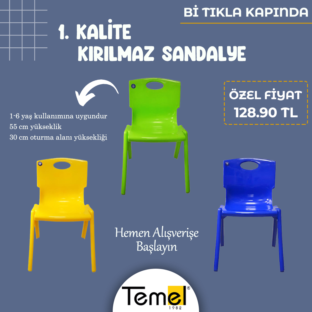 1. Kalite Kırılmaz Çocuk Sandalyeleri🪑Şimdi temelcomtr Özel Fiyatıyla Sadece 128.90TL’ye Sizlerle📲Hemen Alışverişe Başlayın🛒Fırsatları Kaçırmayın🤗Bi' Tıkla Kapınızda🛍️

temel.com.tr/Arama?1&kelime…

#temelcomtr #oyuncak #kırtasiye #sandalye #çocuksandalyesi #etkinlikvakti #indirim