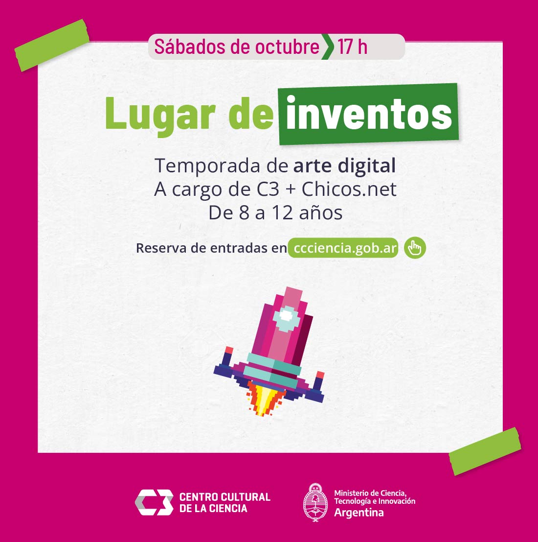 ccdelaciencia's tweet photo. ¿Te interesa el arte digital? Vení este sábado a #LugarDeInventos, un espacio para imaginar y expresarse a través de la combinación de ciencia, arte y tecnología.
Taller gratuito organizado junto a @chicos_net. Cupos limitados. 

Reservá acá: https://t.co/7eBee0SyBq https://t.co/ilCyLcKW9o