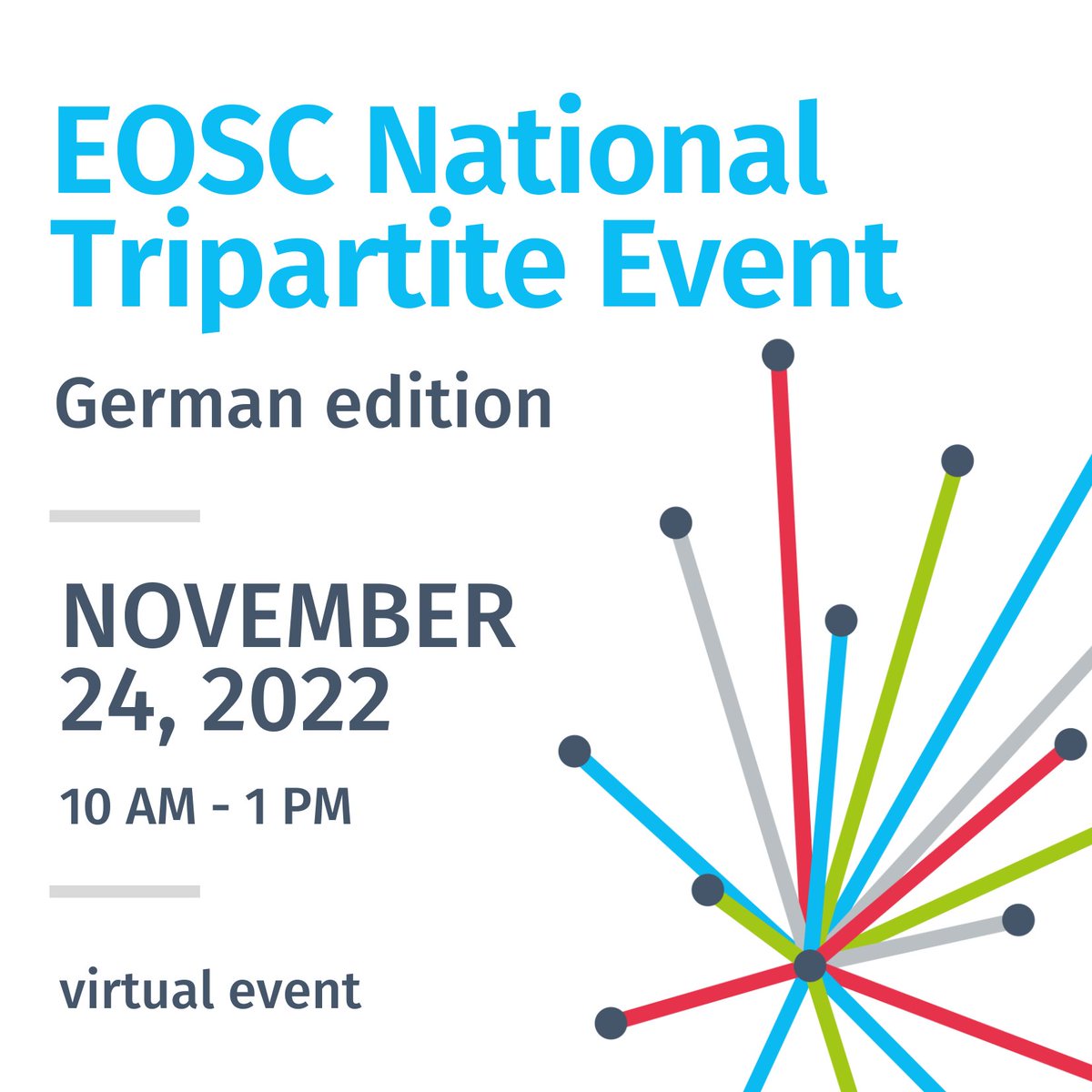 Save the date! 🗓️In its role as the mandated organization for Germany in the @eoscassociation , #NFDI is hosting an #EOSC National Tripartite Event on November 24 from 10 AM to 1 PM (virtual &amp; in English). 
➡️Further information will follow. 

#FDM #RDM