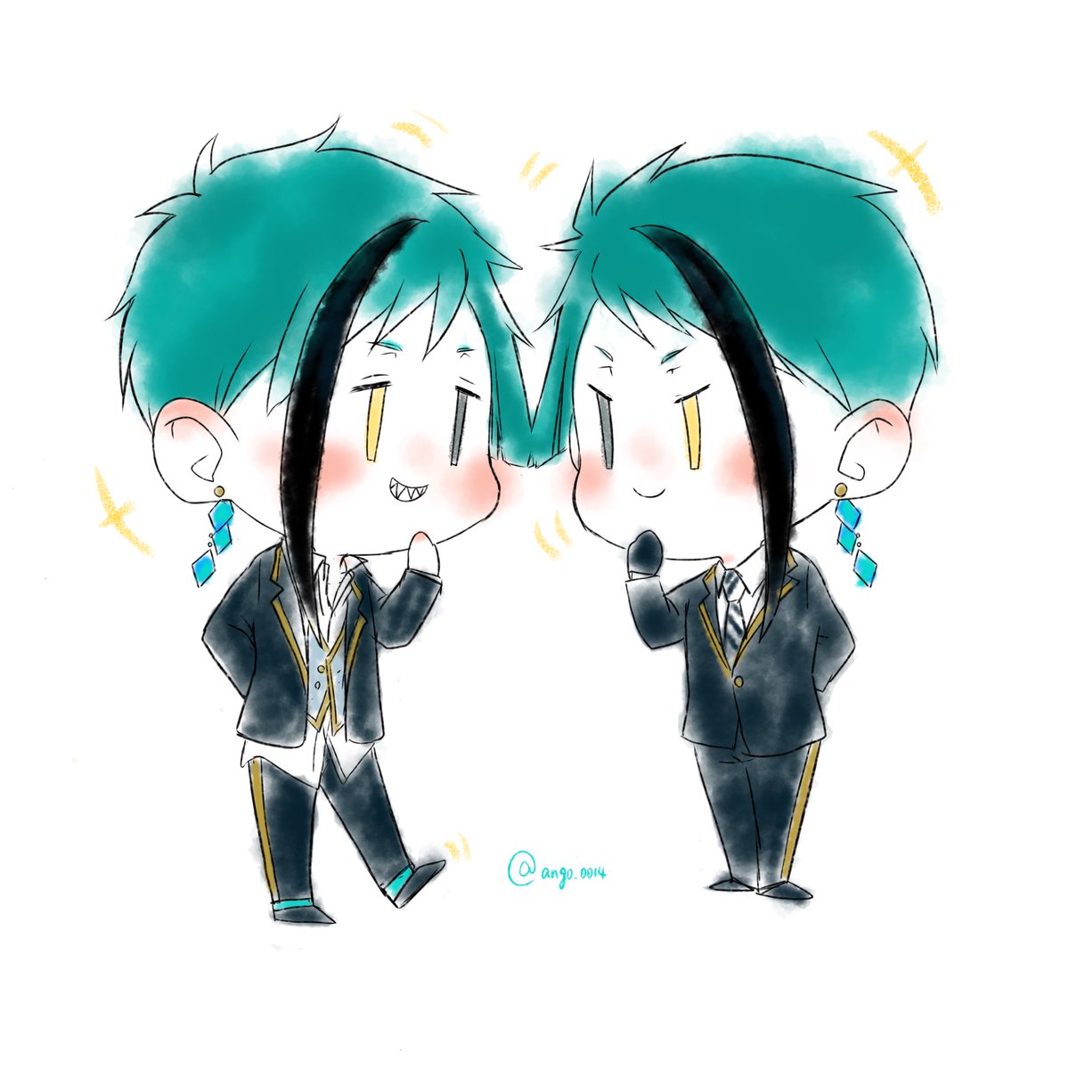 sharp teeth jacket streaked hair multiple boys chibi 2boys male focus  illustration images