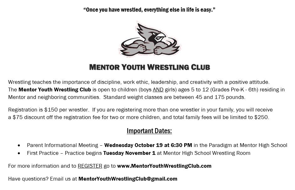 Registration for the 2022-2023 MYWC season is now OPEN at MentorYouthWrestlingClub.com