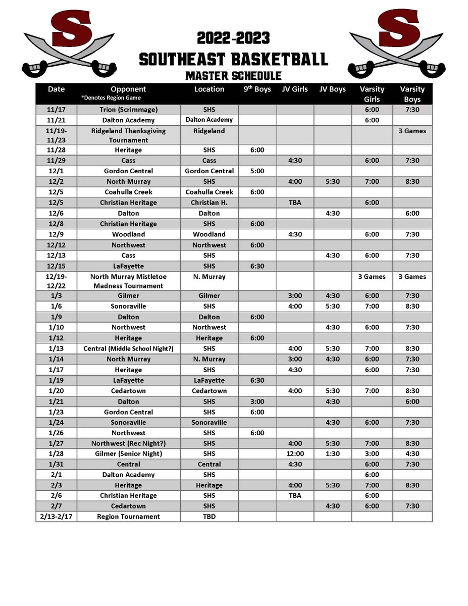 2022-2023 Raider Game Schedule