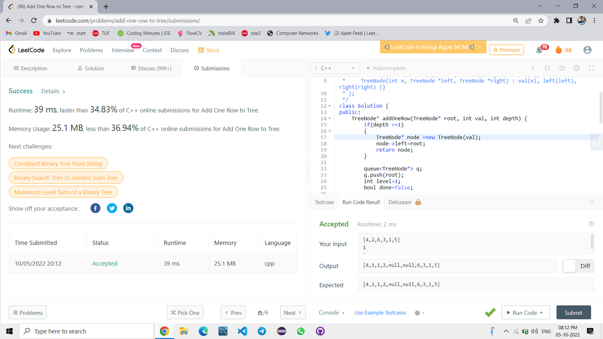 mpathak382's tweet photo. Completed Day 97 of the 100 Days of Code Program by  @CodeinCommunity Supported by 
@MinutesCoding

Today I solved Add one row to Tree (Leetcode)
https://t.co/YGUOXZZwdB
Discord-https://t.co/DXwhp7UUAT

#100daysofcodechallenge #codeincommunity  #codein100daysofcode #100DaysOfCode https://t.co/w5EHbn9NYv