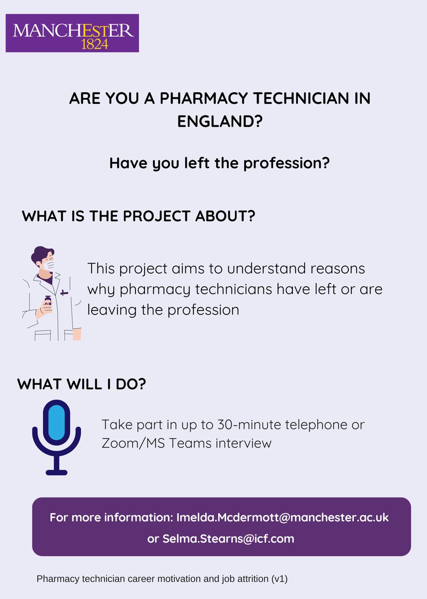 We are looking to speak to pharmacy technicians who have left the GPhC register to understand why you left the profession. Email or DM me to find out more and participate in the study. @EllenSchaf @Ali_Hindi91 #PharmacyTechnician #pharmacy