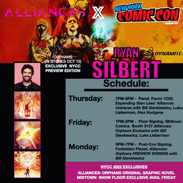Our Alliances #NYCC2022 schedule celebrating the launch of Orphans. Check out our panel hosted by @copperbooks, our #NYCCExclusive w @MidtownComics on Friday w @sinKEVitch and @lieberman_luke, and finish up the week on Monday @FPNYC for a sneak of our launch @DynamiteComics