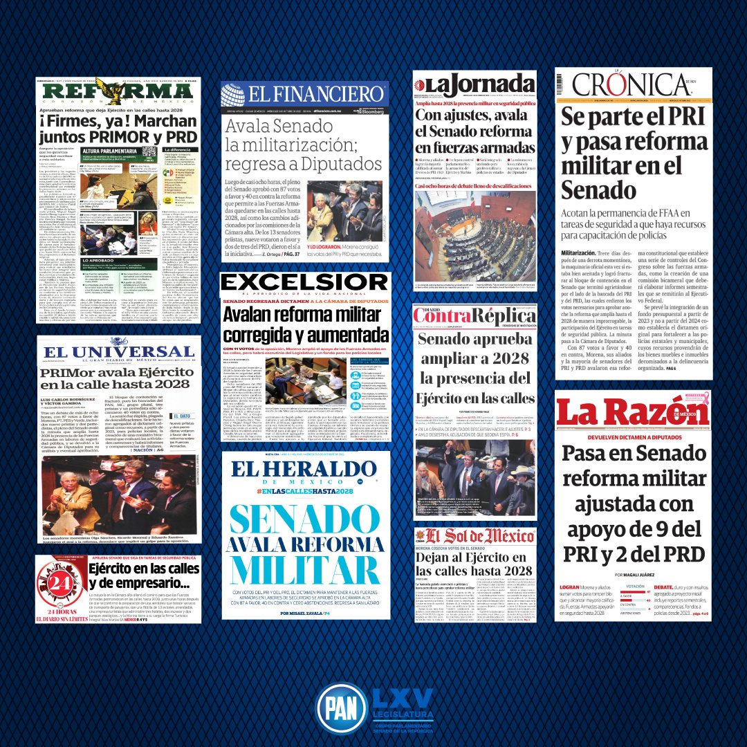 Las y los #SenadoresdelPAN votamos en contra de la continuación de una estrategia de seguridad fallida que ha dejado 130 mil asesinatos dolosos en lo que va de este sexenio, votamos a favor de México.

Nuestro grupo parlamentario ha sido y es la oposición que se requiere.