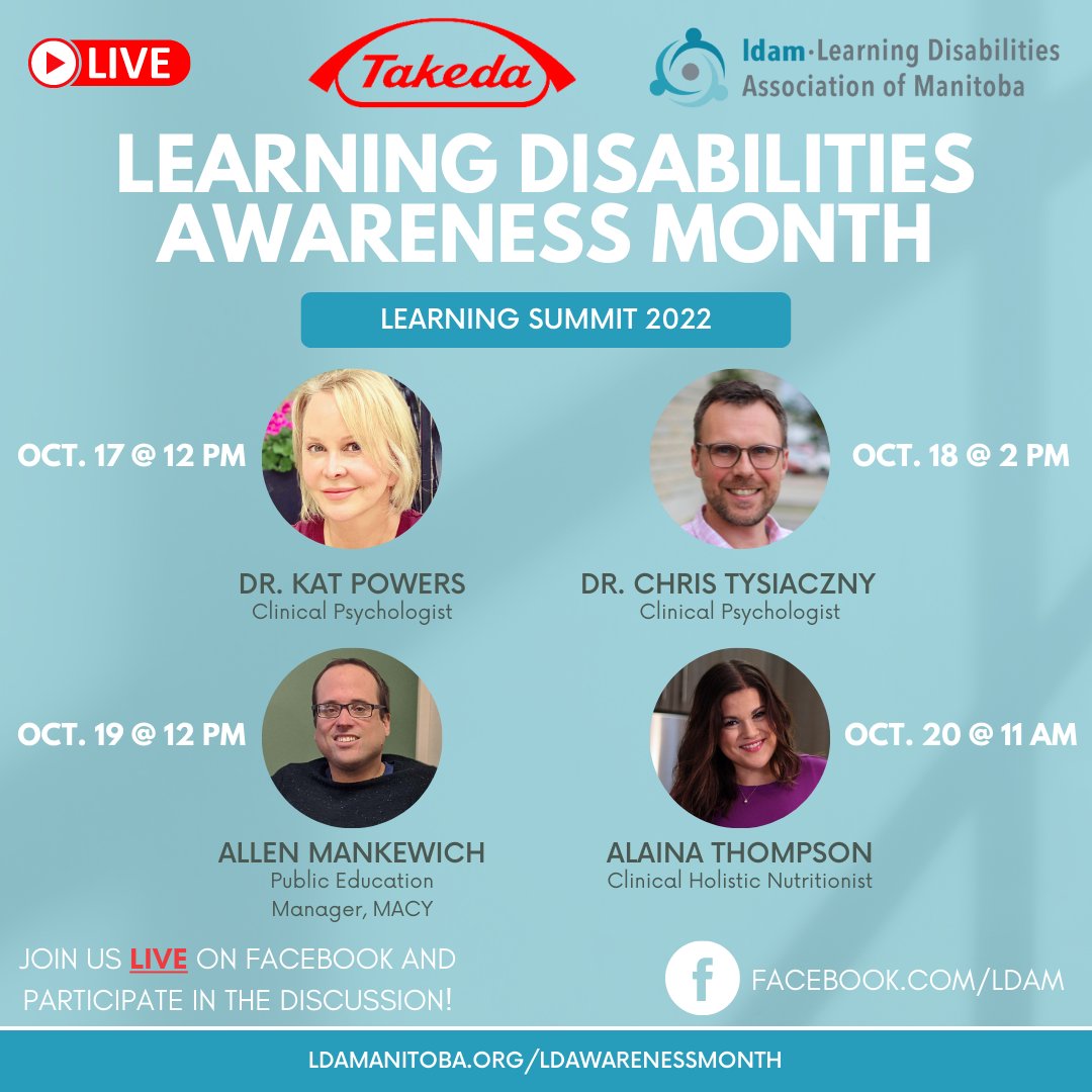 Proudly presenting our 2022 Learning Summit schedule!

From Oct. 17-20, we'll be live every day with a speaker who will share their knowledge and expertise, as a part of #LearningDisabilitiesAwarenessMonth.

For more information, visit: bit.ly/3rtNPih