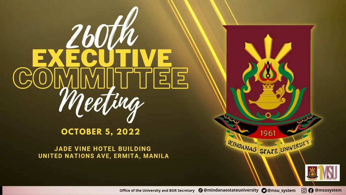 msu_system's tweet photo. 3RD QUARTER BOR MEETINGS: The Executive Committee Meeting of the BOR has successfully met today at the Jade Vine Hotel Building Manila. 

#1MSU
#DakilangPamantasangMindanao https://t.co/XAz2G5PgyJ