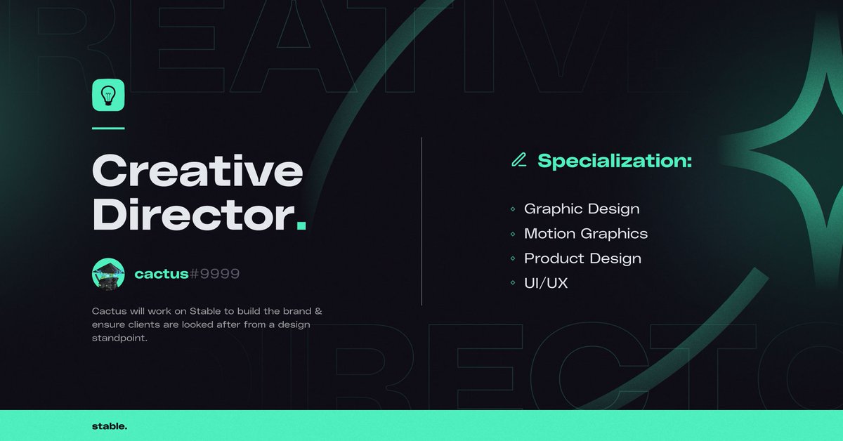 StableStrat's tweet photo. 💡Introducing Stable Strategies new Creative Director:

➡️ Welcome @cactusjackius ! 🌵

Cactus will be working on Stable to build the brand and ensure clients are looked after from a design stand point. 

Our design team specializes in:
➡️ gfx design
➡️ motion gfx
➡️ UI/UX design https://t.co/UjA6e9R7U1