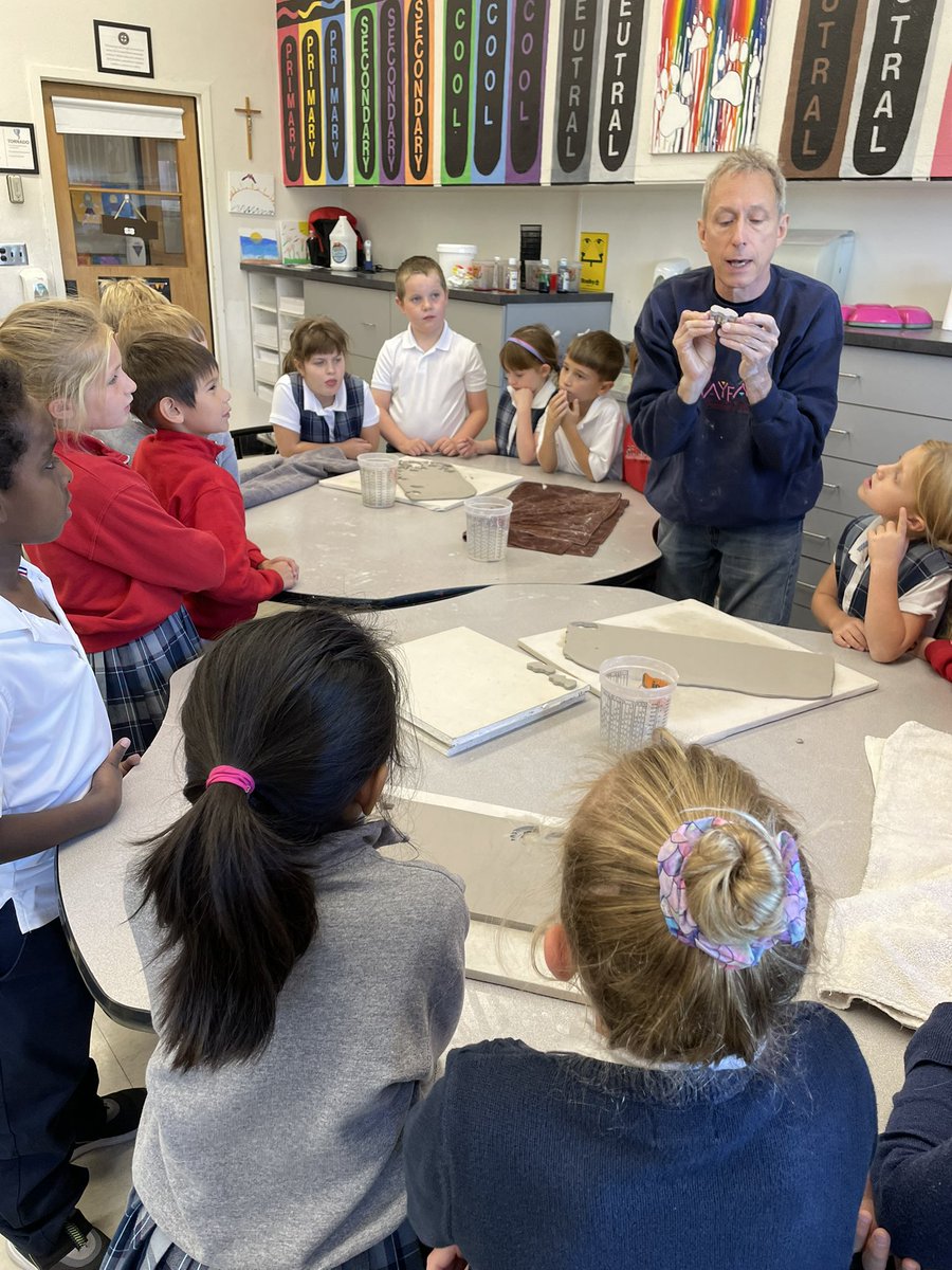 STJPanthersArt's tweet photo. Mr Hoffman is back from Covington Clay to demonstrate throwing on a potters wheel and let the students each cut out a piece for our mosaic Mr. Hoffman will create!@StJamesWO https://t.co/Vn2F8RnsJd