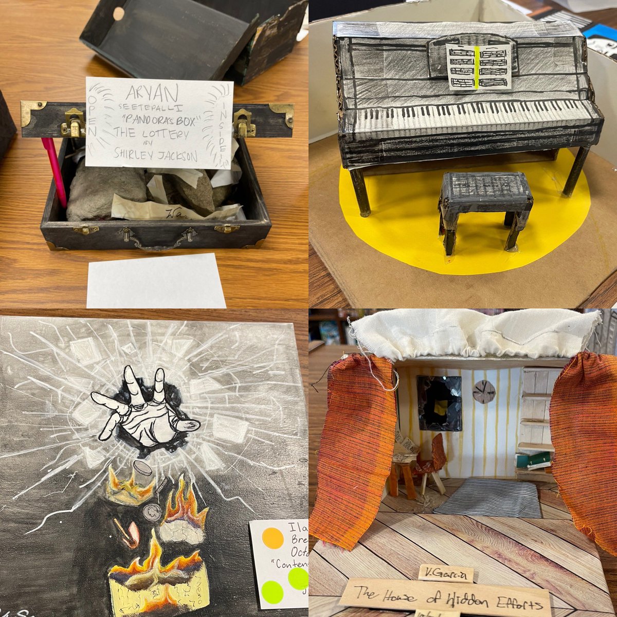 kclenny13's tweet photo. The Grand Opening (and closing 😂) of the Travis High School Literary Museum. Students created visual representations of important elements in their short stories that demonstrated theme or symbolism. See if you can guess the story!@THS_Tigers @FBISDLiteracy @THS_ELA @mousavidin https://t.co/FhBDY9Mmmq
