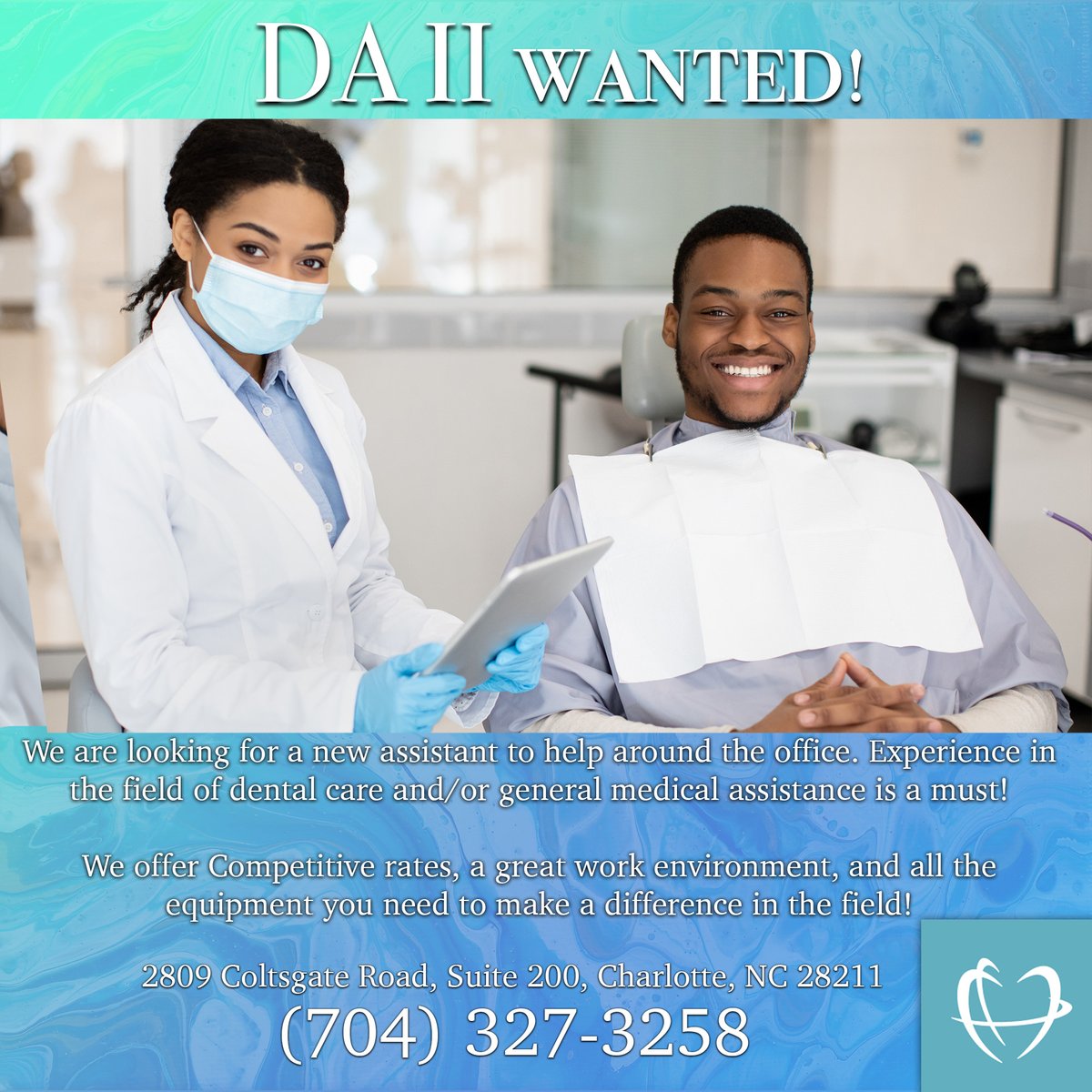 cde_dmd's tweet photo. We're looking to hire a new dental assistant for help around the office! If you're interested, let us know right away; we'd love to talk to you about this position!

#charlotte #dental #implant #center #doctor #Sunar #Rush #dentistry #localdentist #hiring #assistant https://t.co/Ta2lgsWzNj