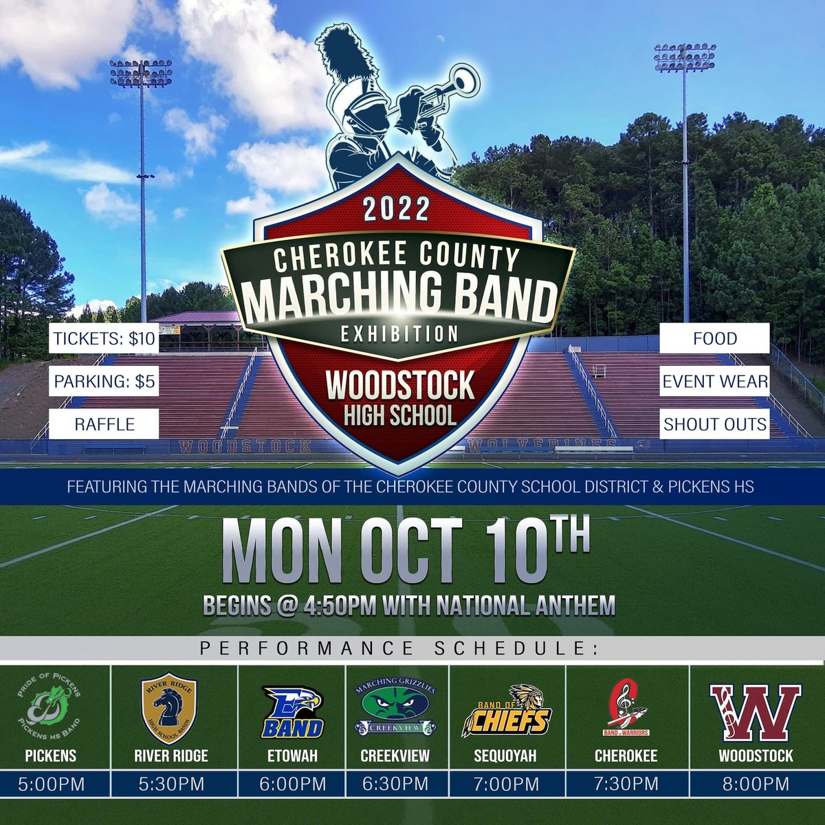 Come out and support our amazing Cherokee County Marching Bands this coming Monday, October 10th!  
<a href="/CherokeeSchools/">Cherokee Co. Schools</a> #ccsdfinearts