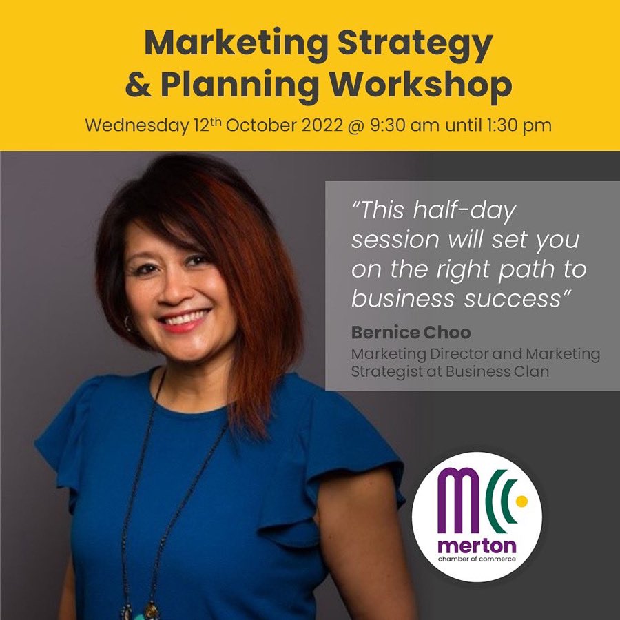 MertonChamber's tweet photo. Bernice Choo, Marketing Director and Strategist @BusinessClan will host this interactive half-day session to set you on the right path to business success. Get your tickets now!

https://t.co/YmOcBVQpvc https://t.co/8QG4IyeaL8