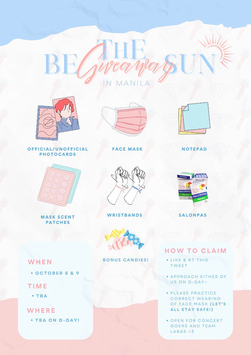 𖤓BE THE SUN IN MANILA GIVEAWAY𖤓

<a href="/tsukkicchi/">lysi月 is malfunctioning.exe</a> and I will be giving out tita kits on both concert days 💕

✨️open for all carats (concert goers/team labas)
✨️just rt and like this tweet and show us on d-day

See youu💕
#BETHESUNinMNL #BeTSinMNL #SEVENTEENinMNL #세븐틴