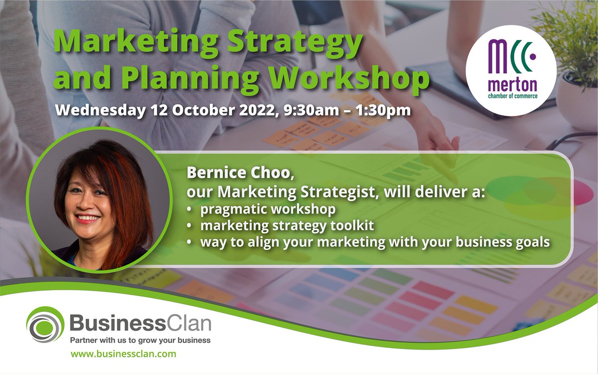 BusinessClan's tweet photo. Book a ticket to Bernice’s interactive Marketing Strategy &amp; Planning #Workshop next Wed @9:30am in Mitcham. Her session will help set your business on the right path and enable you to overcome any marketing challenges. Book now – https://t.co/l11gX6ydrr @MertonChamber https://t.co/H85aPuRxpq
