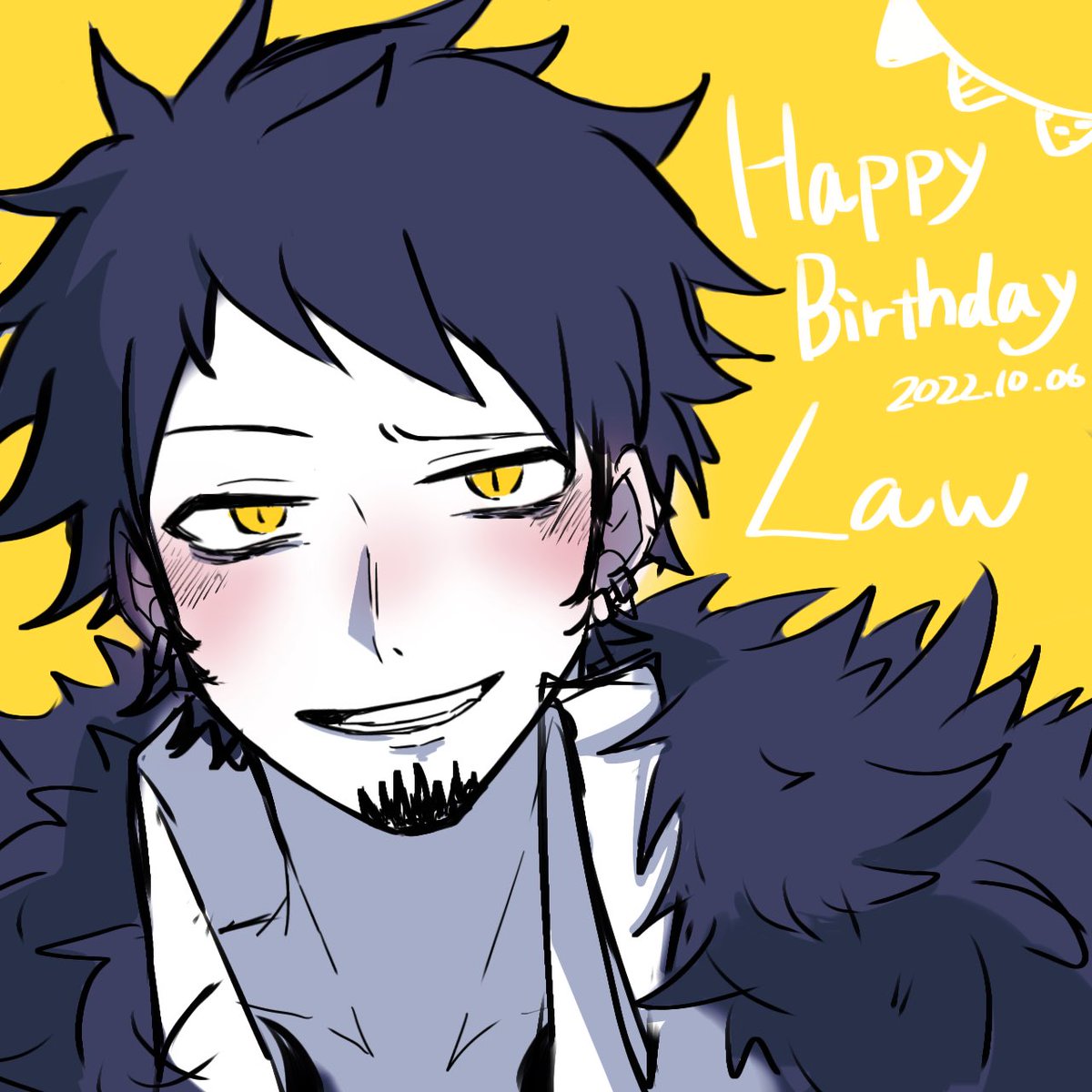 trafalgar law happy birthday 1boy male focus facial hair yellow eyes solo black hair  illustration images