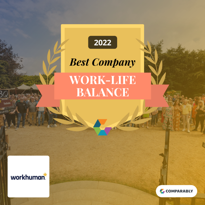 Workhuman's tweet photo. We’re excited to announce that Workhuman has been named as a Best Company for Work-Life Balance by @comparably. 🥳️🎉🏆

Thank you to our humans for helping us to achieve this recognition! 

#ComparablyAwards #lifeatWorkhuman #BestPlacesToWorkAwards