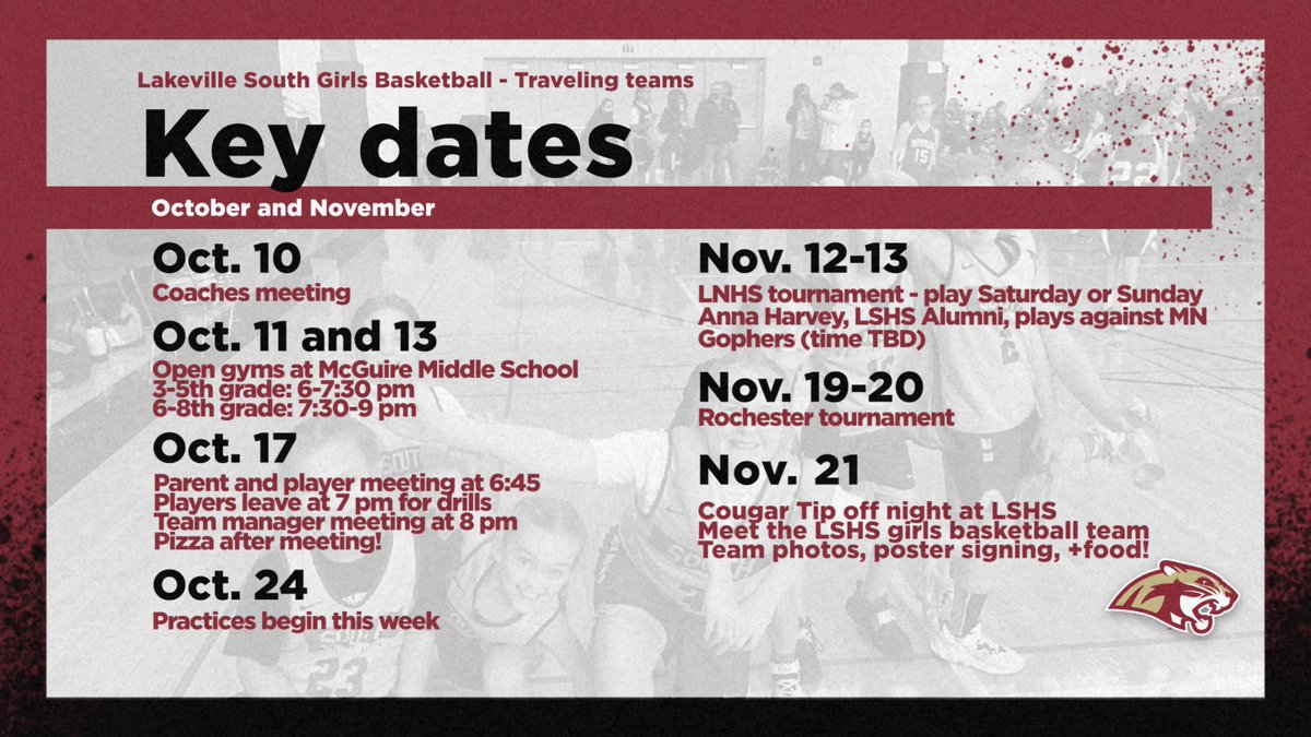 Mark your calendars with traveling basketball key dates for October and November! We’re looking forward to a great season and we'll see you at the gym! #StrongerTogether