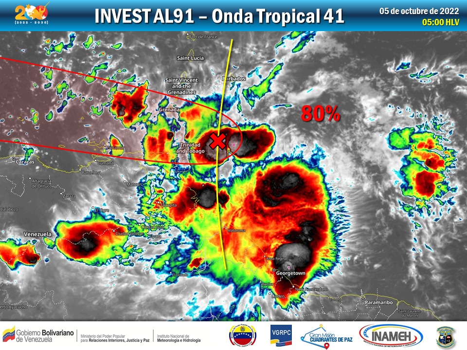 #5oct 
En vigilancia área AL91 relacionada a la Onda Tropical Nro.41 con un sistema de baja presión asociado, ubicada al norte de nuestro Esequibo; se mantiene con 80% de probabilidad de convertirse en ciclón tropical durante los próximos 5 días