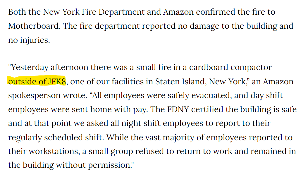 amazonlabor's tweet photo. Amazon claimed the fire was outside the building, videos show that is clearly INSIDE, workers scream to evacuate. Smoke filled the building, workers complained of irritated throats and burning eyes, one worker went to the ER after working their shift. https://t.co/BG0AJfKEV5