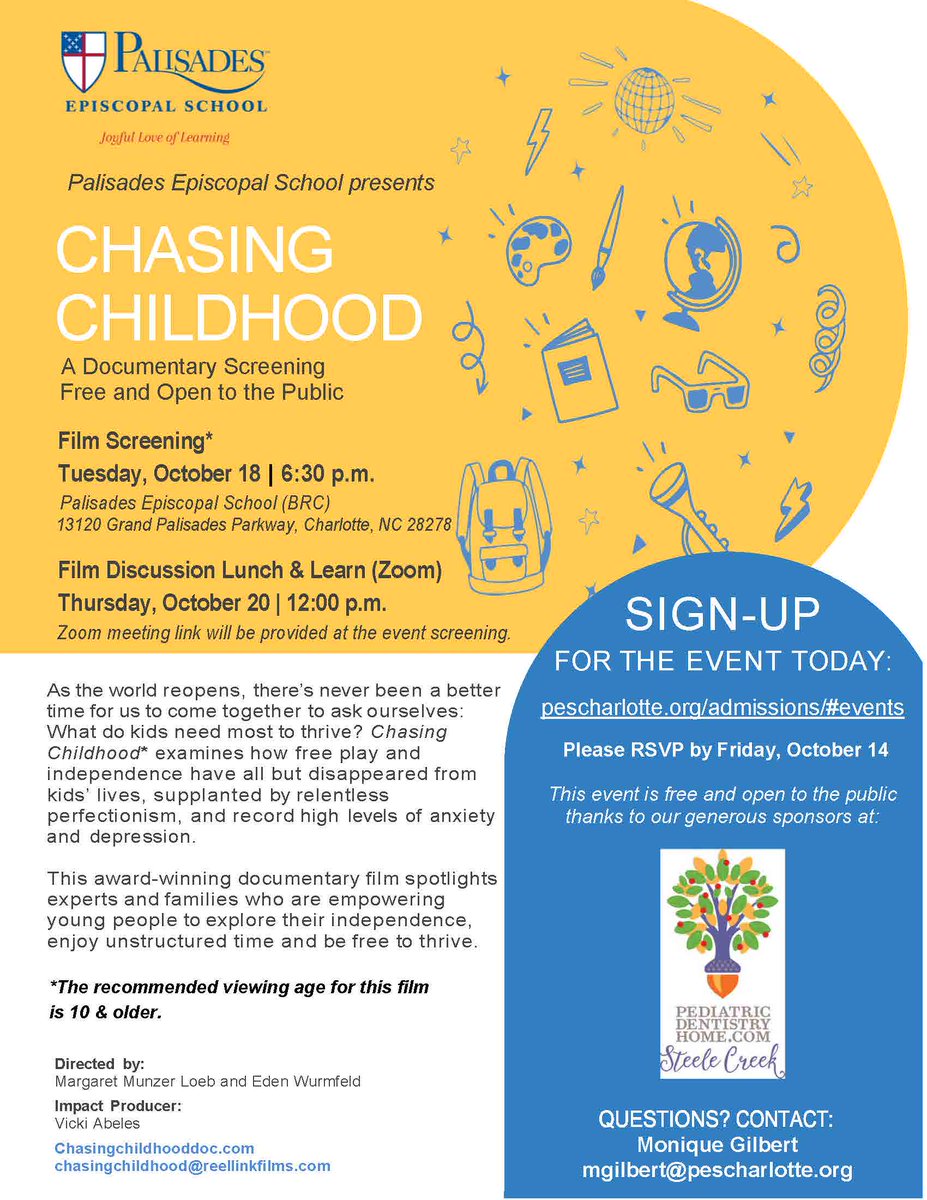 PEScharlotte's tweet photo. Join us &amp; invite your friends to our FREE Community Education Film Screening of Chasing Childhood, an award-winning documentary that asks crucial questions about the dramatic rise in anxiety and depression in young children and teens. RSVP by 10/14 at https://t.co/4AfgwPetyM. https://t.co/L3FnLEQjUl
