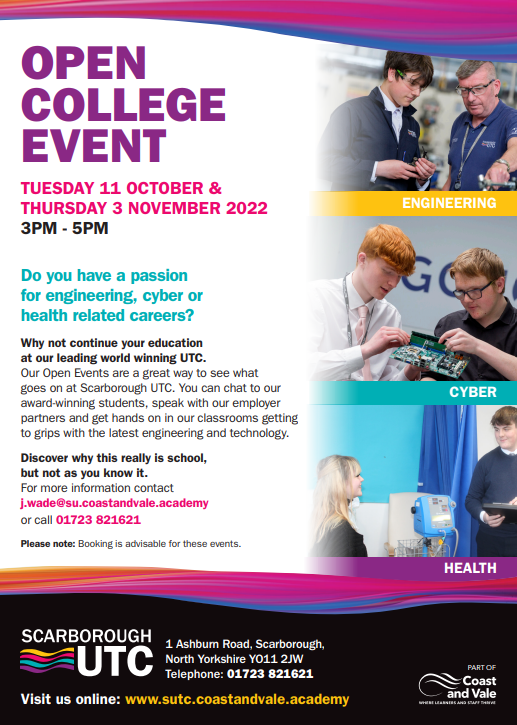science_utc's tweet photo. Want to see the fantastic things we do at SUTC? Book a place in our upcoming open events! @ScarboroughUTC https://t.co/YFRovV9Hfa