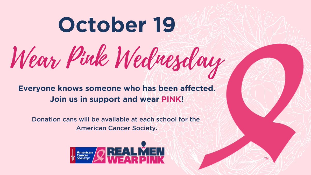 cville_schools's tweet photo. 🧵(1/3) October 19 is Wear Pink Wednesday in Collierville Schools! All students &amp; staff will be encouraged to wear pink in support of Breast Cancer Awareness Month.

Donation cans will be available at each school that day with all proceeds going to the American Cancer Society. https://t.co/GcWNnvb8tk
