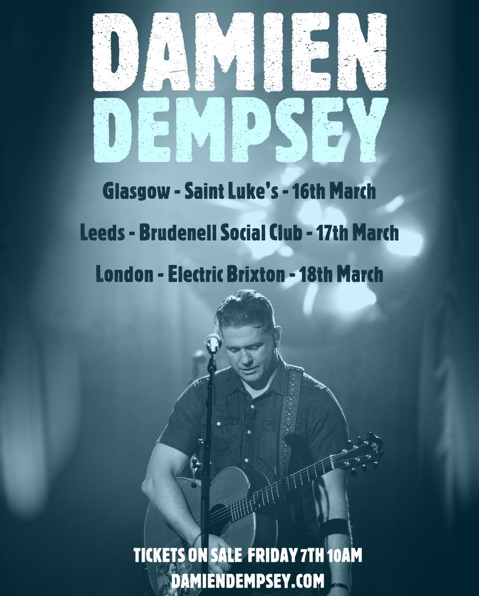 Damo announces UK shows for March 2023 in Leeds, Glasgow and London. On sale Friday 7th October 10 AM on damiendempsey.com. Team Damo x
