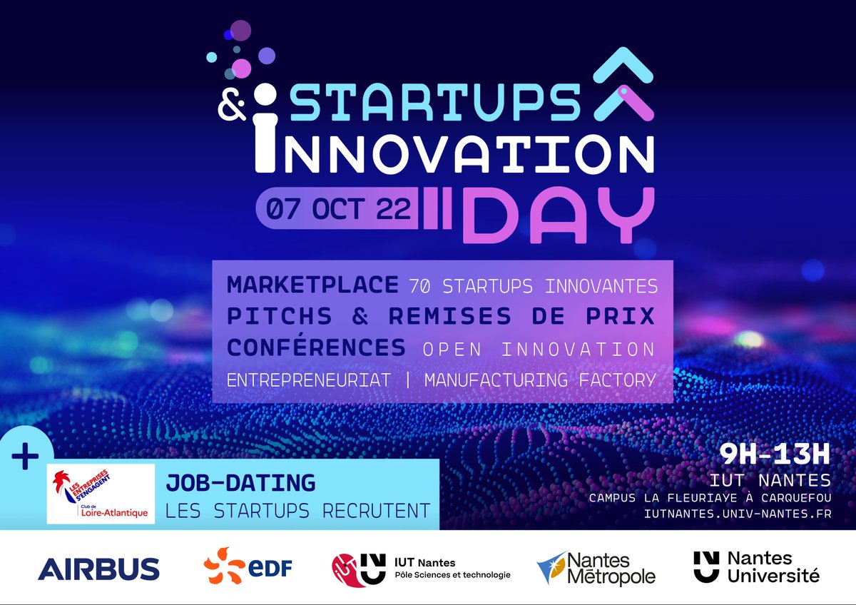 #StartupsInnovationDay revient le 7/10 avec la même promesse : de belles découvertes et des rencontres avec les jeunes entreprises qui innovent sur le territoire. Entrée libre et gratuite, 9h &gt; 13h🕔
Réservez votre place 👉bit.ly/3fJgrBw
📍IUT de Nantes, Campus Carquefou
