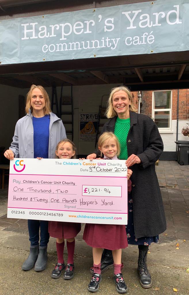 harpersyardcafe's tweet photo. We LOVE a #BigCheque. Here’s Martina and Claire handing over a cheque for £1,221.94 to the Children’s Cancer Unit Charity. Thanks so much to everyone who so generously helped, baked, donated and supported our last Harper’s Yard. Stay tuned for details of the Christmas edition🎄 https://t.co/cW47Dl8zrE
