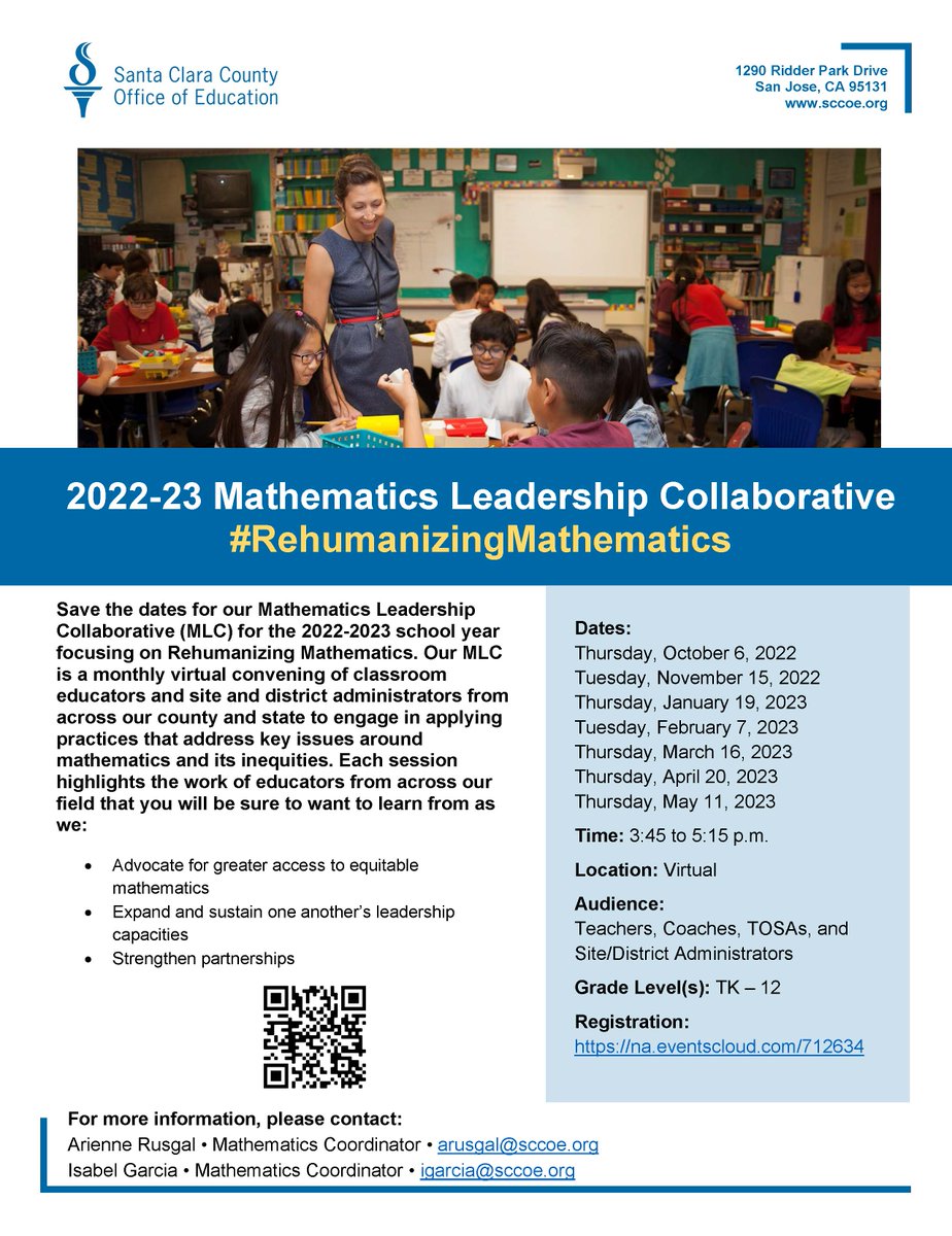 Kickoff the 2022-23 Math Leadership Collaborative by @STEAM_SCCOE TOMORROW 10/6 as I talk about computer science integration in #math instruction with @MrsIzzyB1 and Arienne Rusgal! #CSforCA #mtbos na.eventscloud.com/ereg/newreg.ph…