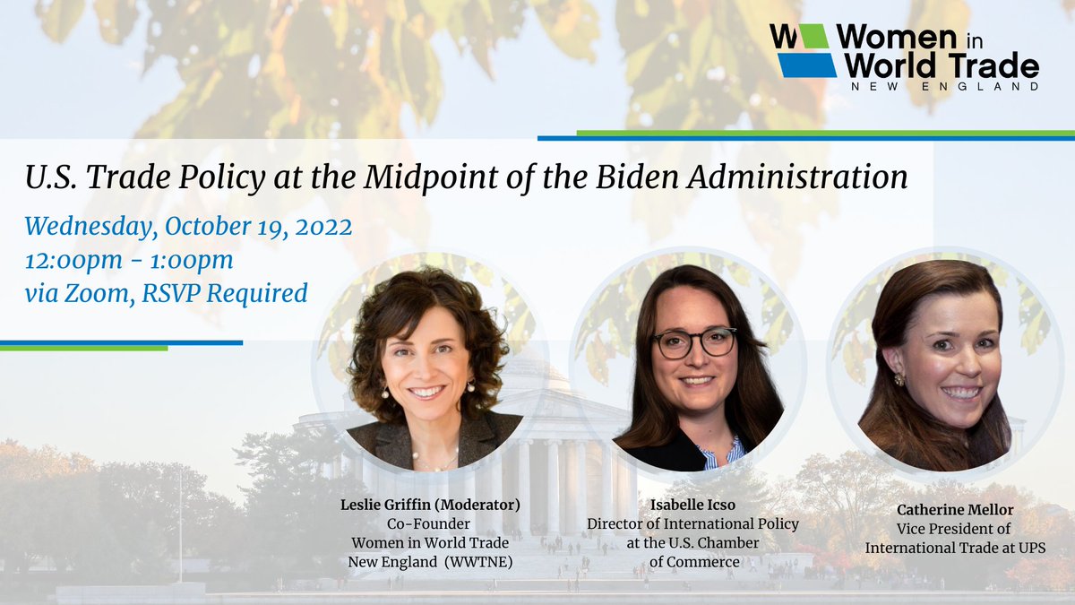 OCT 19 - U.S. Trade Policy at the Midpoint of the Biden Administration @ 12:00 pm EST moderated by <a href="/LeslieinBoston/">Leslie Griffin</a>, Co-Founder of <a href="/WWT_NE/">Women in World Trade, New England</a>, joined by Isabelle Icso, Dir. of Int'l Policy <a href="/USChamber/">U.S. Chamber</a> &amp; Catherine Mellor, VP of Int'l Trade <a href="/UPS/">UPS</a>!

Register here lnkd.in/erpkaYdv