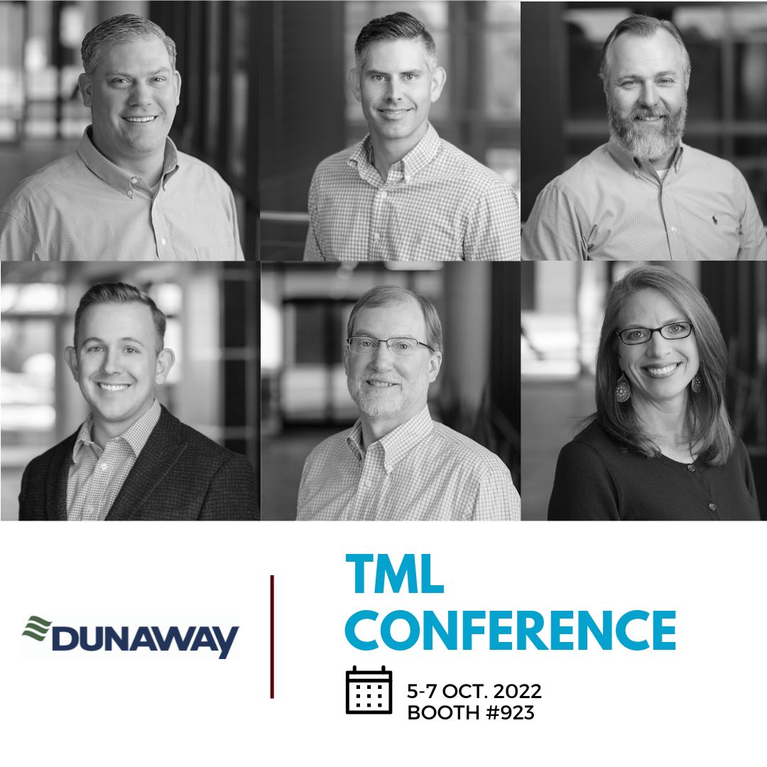 Dunaway is attending the 2022 <a href="/TML_Texas/">TX Municipal League</a> Conference today, 10/5-10/7! This isan annual event that brings community leaders &amp; municipal professionals together for three days of exciting educational opportunities, networking, and strategizing. Stop by booth #923 and say hello!