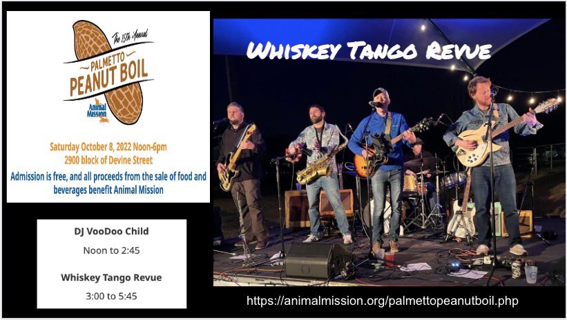 RhodesBailey's tweet photo. Come see us, Whiskey Tango Revue @WTRevue on Saturday at the Palmetto Peanut Boil 3:00PM- 5:45PM! Proceeds go to the Animal Mission. https://t.co/ubrOuO5oIE