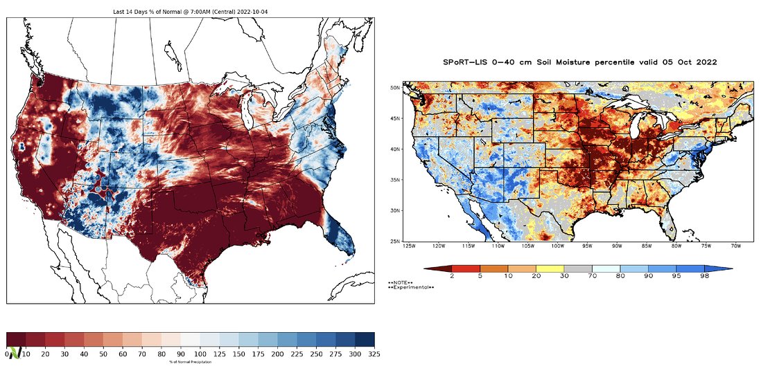 Last 14-days % of Normal Rains (left) and 16' Soil Moisture Data from NASA (right) Fall 2022 is off to a very dry start across a wide swath of the central U.S.