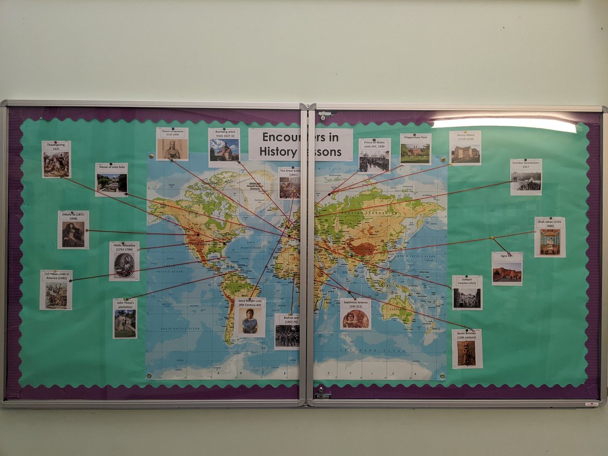 historysuperfan's tweet image. It&apos;s that time of year again - two new displays for the corridor just in time for open evening!!! A world map highlighting some of the places, events and people that we cover in the curriculum and another one with some examples of the historical claims pupils get to encounter!
