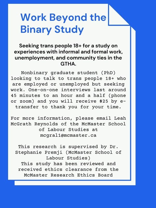 The Work Beyond the Binary study is seeking participants! They are looking for trans people age 18+ who are employed or unemployed but seeking work. (1/2)