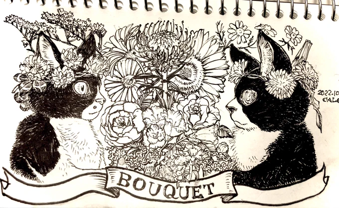 #インクトーバー2022 #inktober2022 
#インクトーバー #inktober  
10月6日 BOUQUET/花束

向日葵カーネーション薔薇ガーベラ白詰草カモミールたんぽぽスターチス鶏頭ピンクッショントルコ桔梗

周忌と月命日ジャッキーとサラの霊前に今まで手向けてきたお花を覚えてる限り全種類描きました。安らかに 