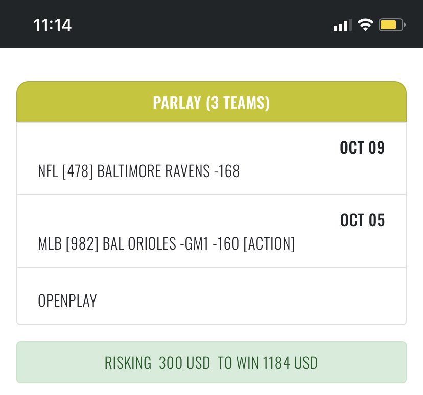 RAVENSFAN696969's tweet photo. Last day of the MLB Season which means last chance in 2022 for #TheBaltimoreParlay

A special one today. Teaming up with @UnitBurglar for this one.

◾️Orioles Game 1 ML -160
◾️Orioles Game 2 ML (TBD)
◾️Ravens ML -168

Call that THE SUPER BALTIMORE PARLAY!

#Birdland #RavensFlock https://t.co/G6PCUXlnwx
